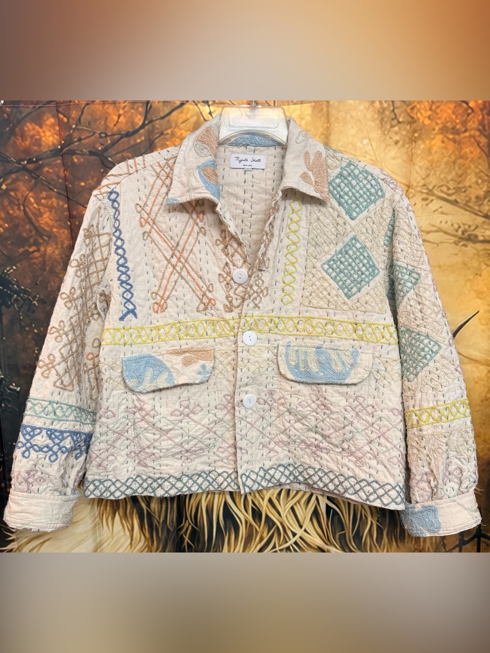 Rujuta Sheth Cream Quilted Jacket with Pastel Embroidery Accents